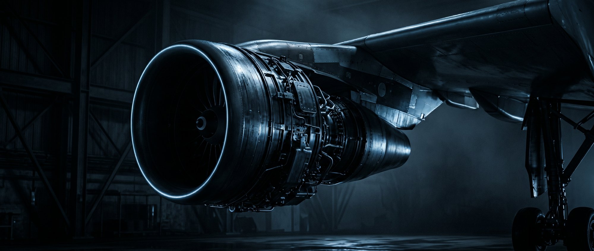 Close-up of a modern jet engine and wing underside in a dark hangar under cool light.