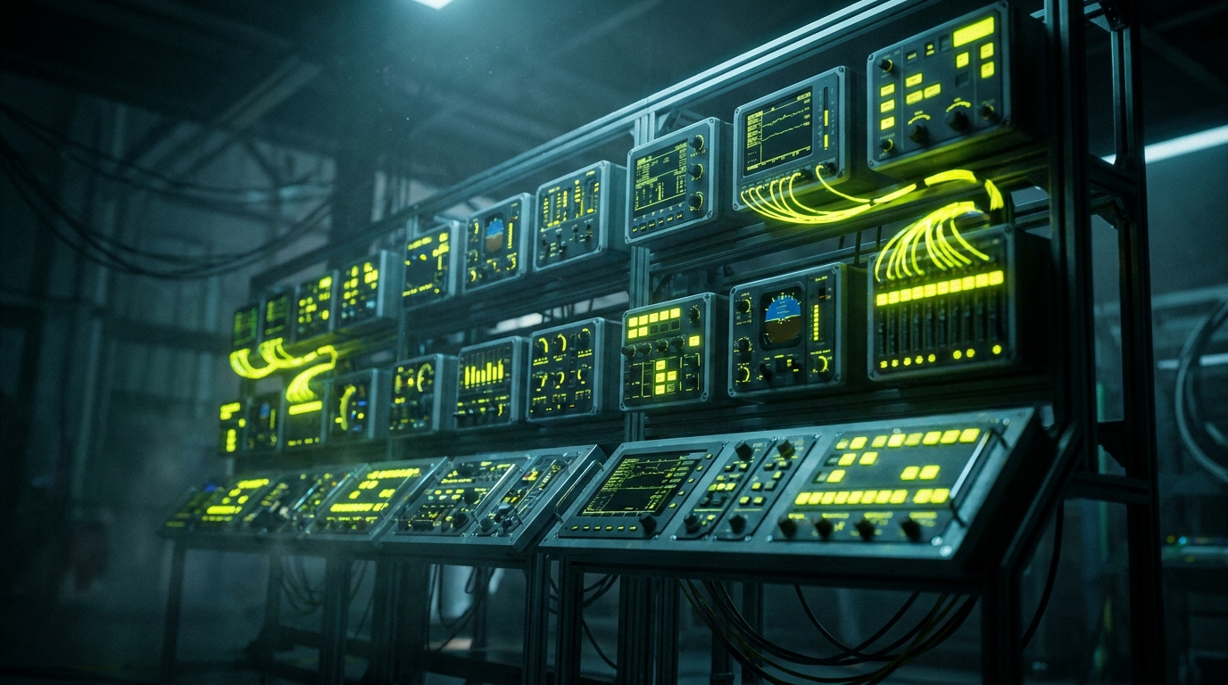 Modular avionics and control panels glowing with electric-yellow accents in a dark hangar.