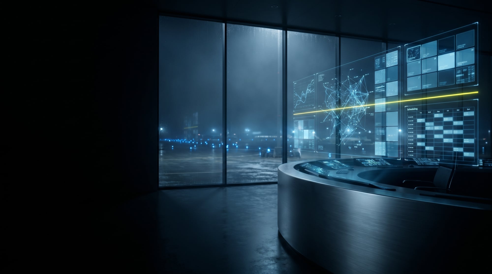 Darkened aviation operations command centre with glowing modular control screens overlooking a wet apron at night.