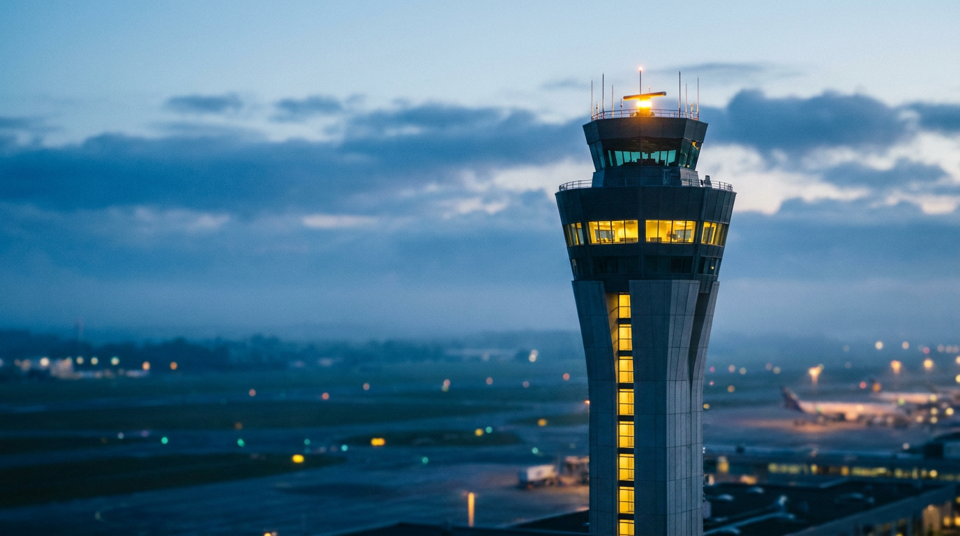 An air traffic control tower at dawn with warm electric-yellow window light above an airfield.
