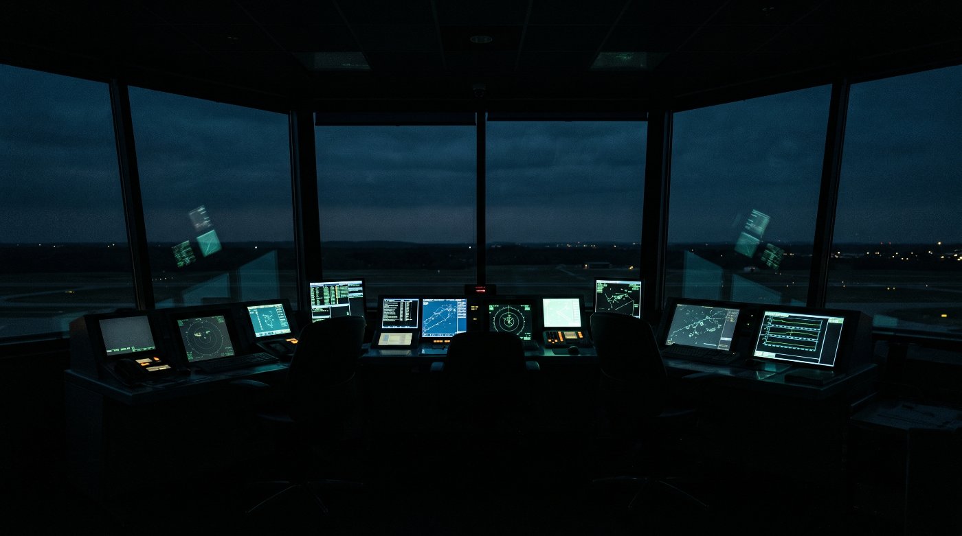 A darkened air traffic control tower cab at dusk, instrument screens glowing.