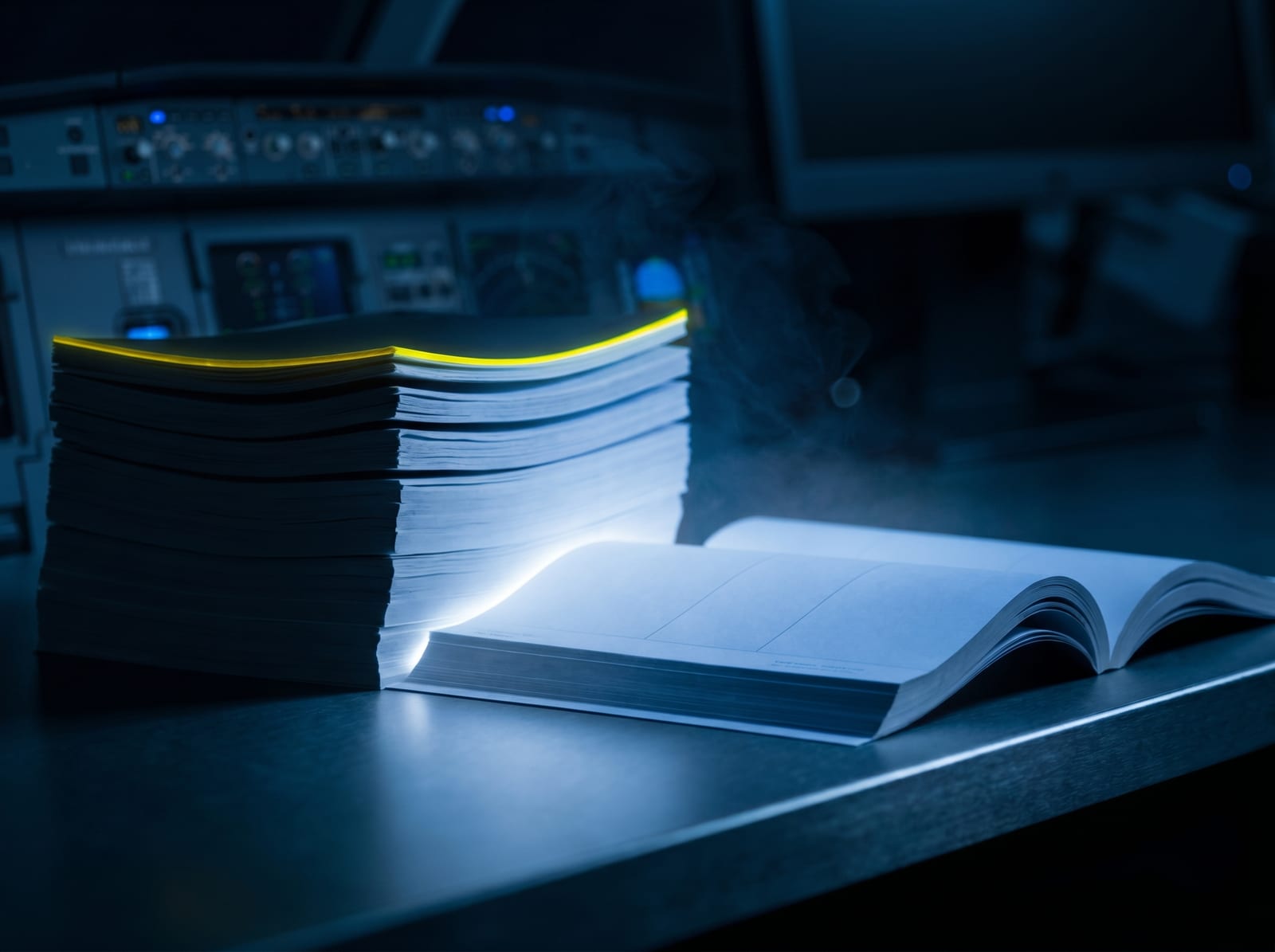 A stack of premium proposal documents and an open catalogue on a dark aviation operations desk.